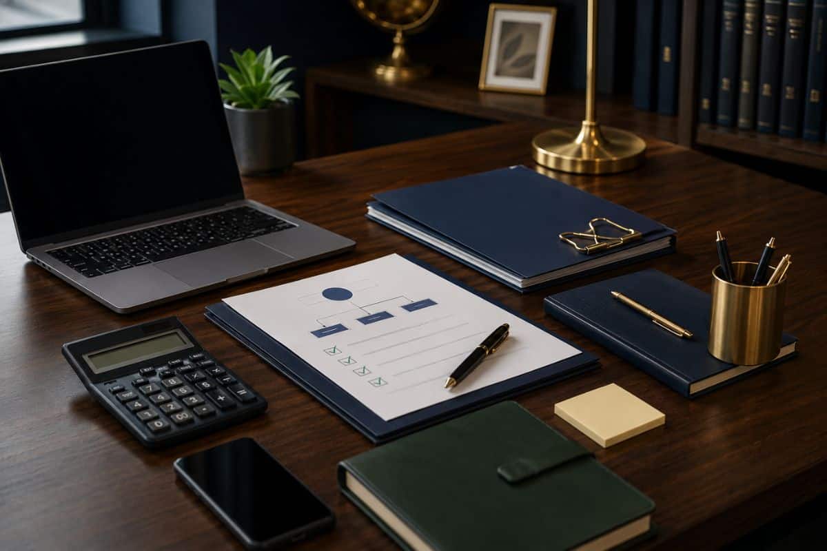 Organized desk with laptop, folders, checklist and business formation documents.