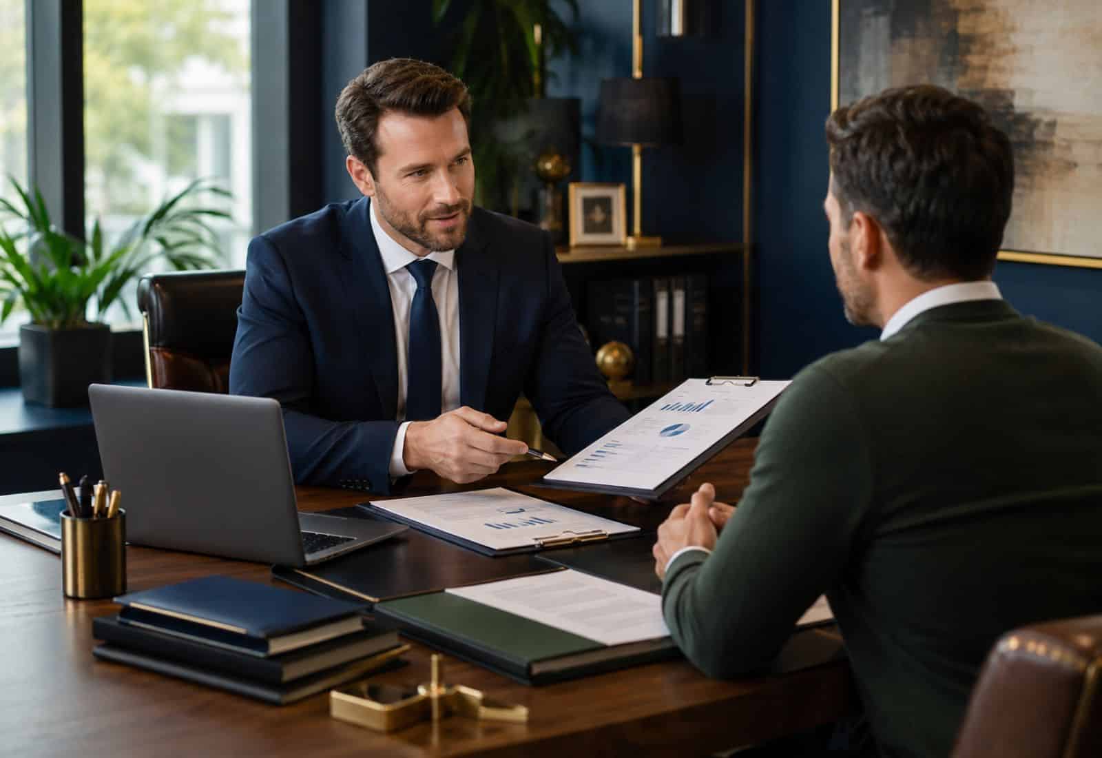 Professional business advisor reviewing company formation documents with a client in a modern office.