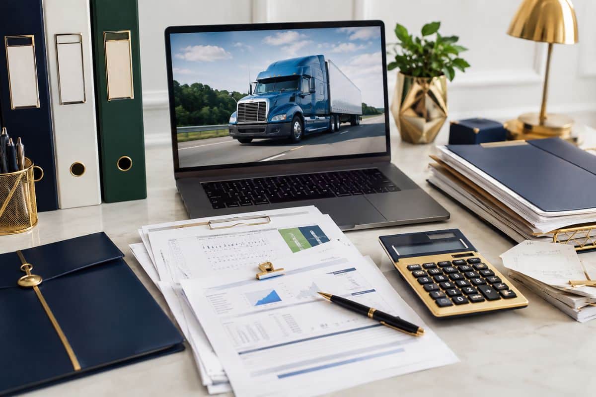 Organized desk with laptop, calculator, folders and generic documents for Form 2290 road tax preparation.