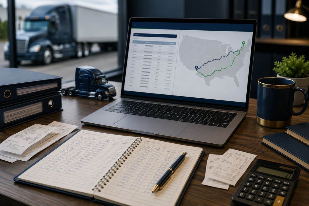 Organized desk with mileage logs, fuel receipts, calculator, laptop and route records for IFTA reporting.