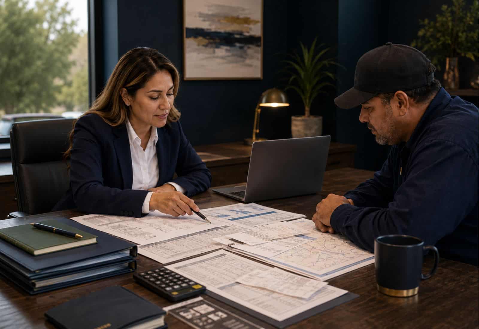 Professional advisor reviewing IFTA reporting documents, mileage records and fuel records with a trucking client.