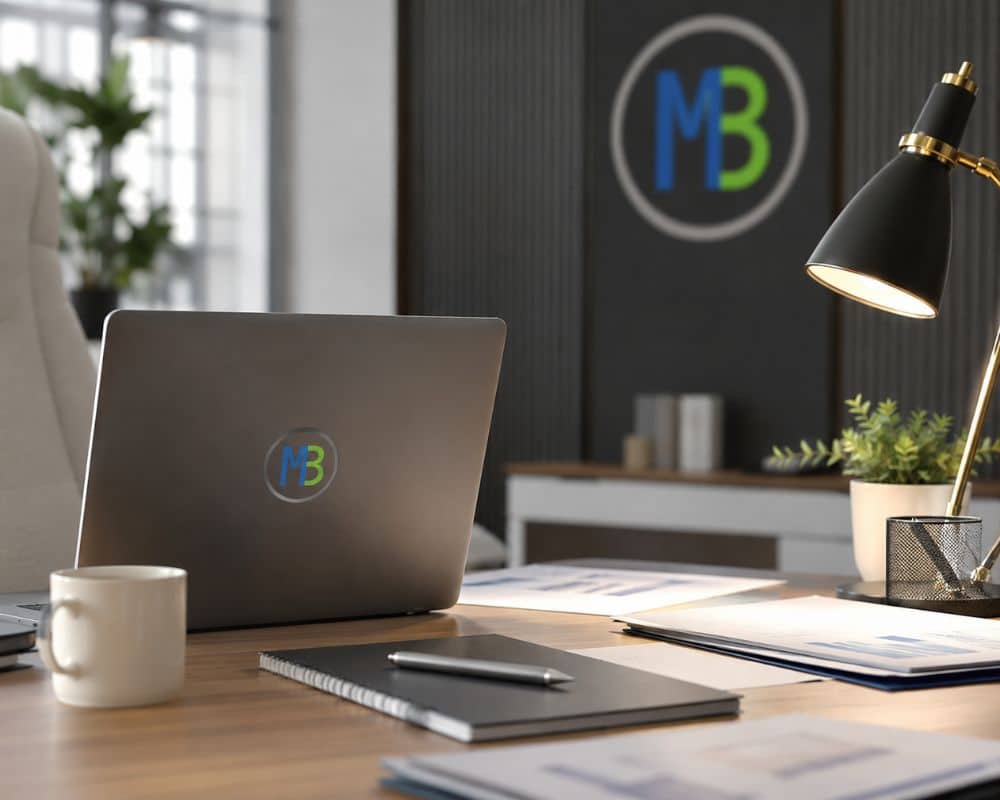 Espacio de oficina moderno con laptop, lámpara de escritorio y documentos de negocio en MB Multiservices.