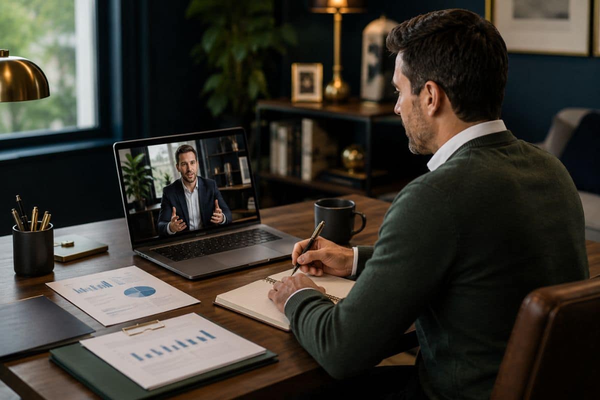 Client using a laptop for remote business formation support and company setup guidance.
