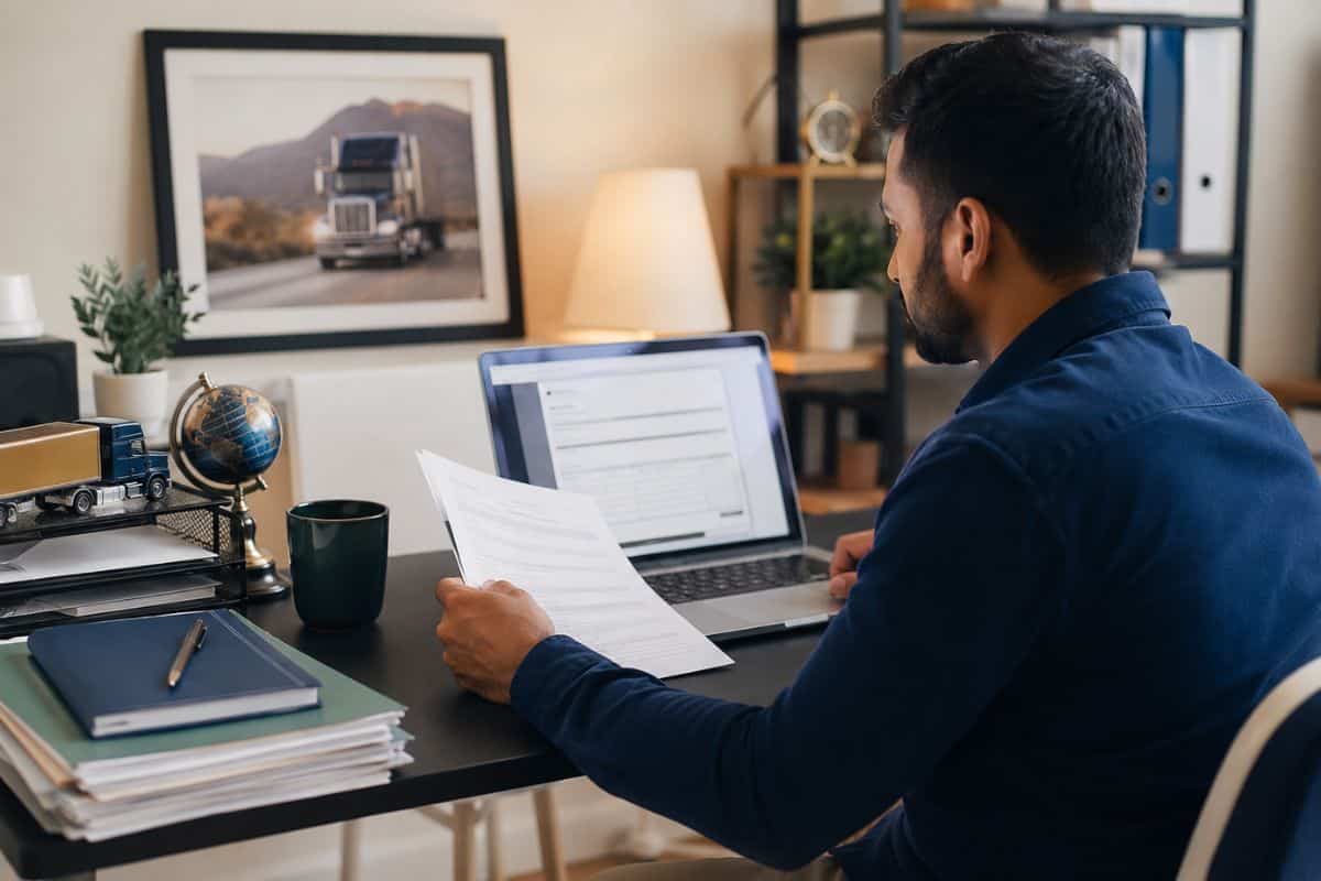 Truck owner using a laptop to review road tax documents and Form 2290 filing information remotely.