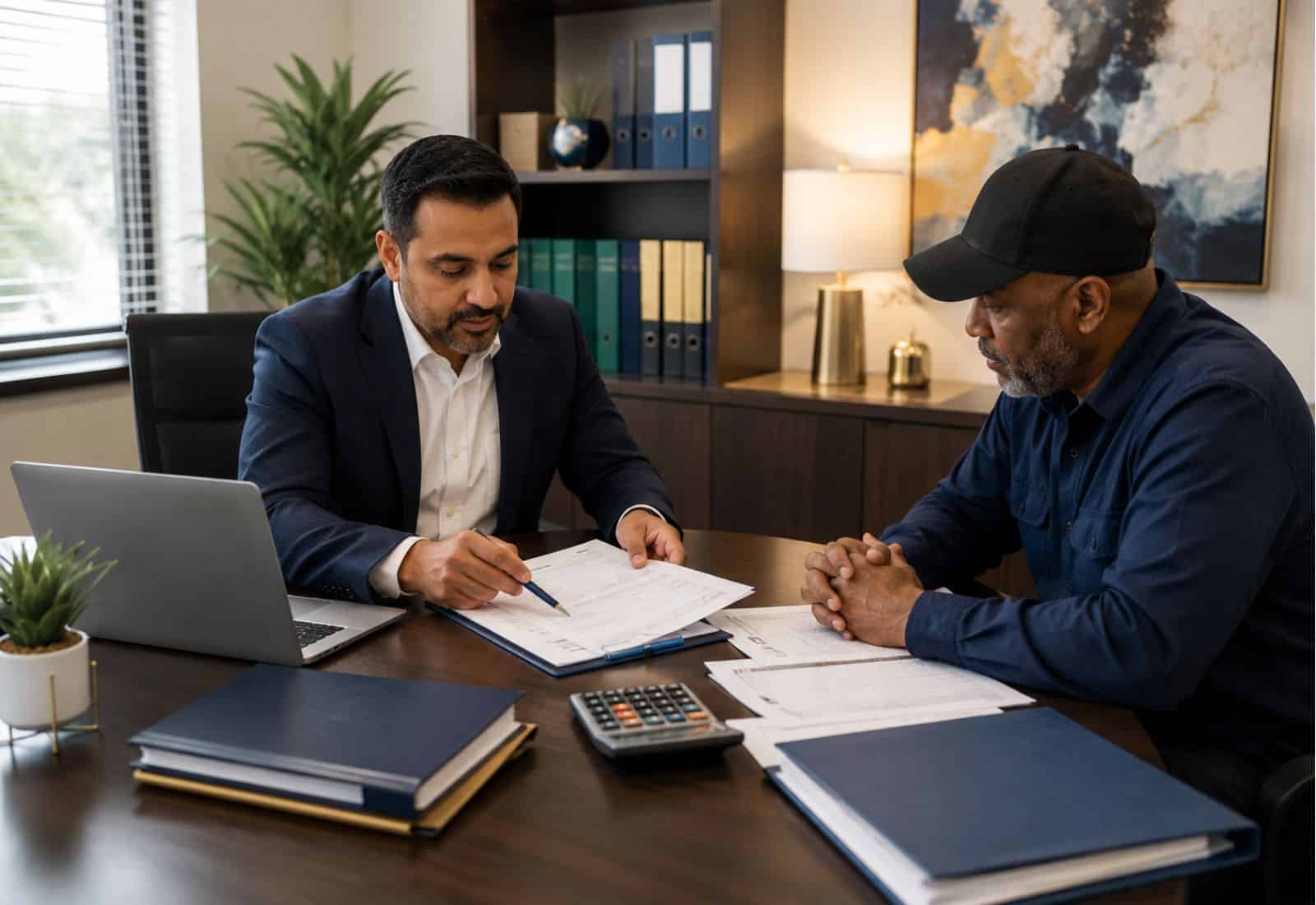 Professional advisor reviewing Form 2290 road tax documents with a truck owner in a modern office.