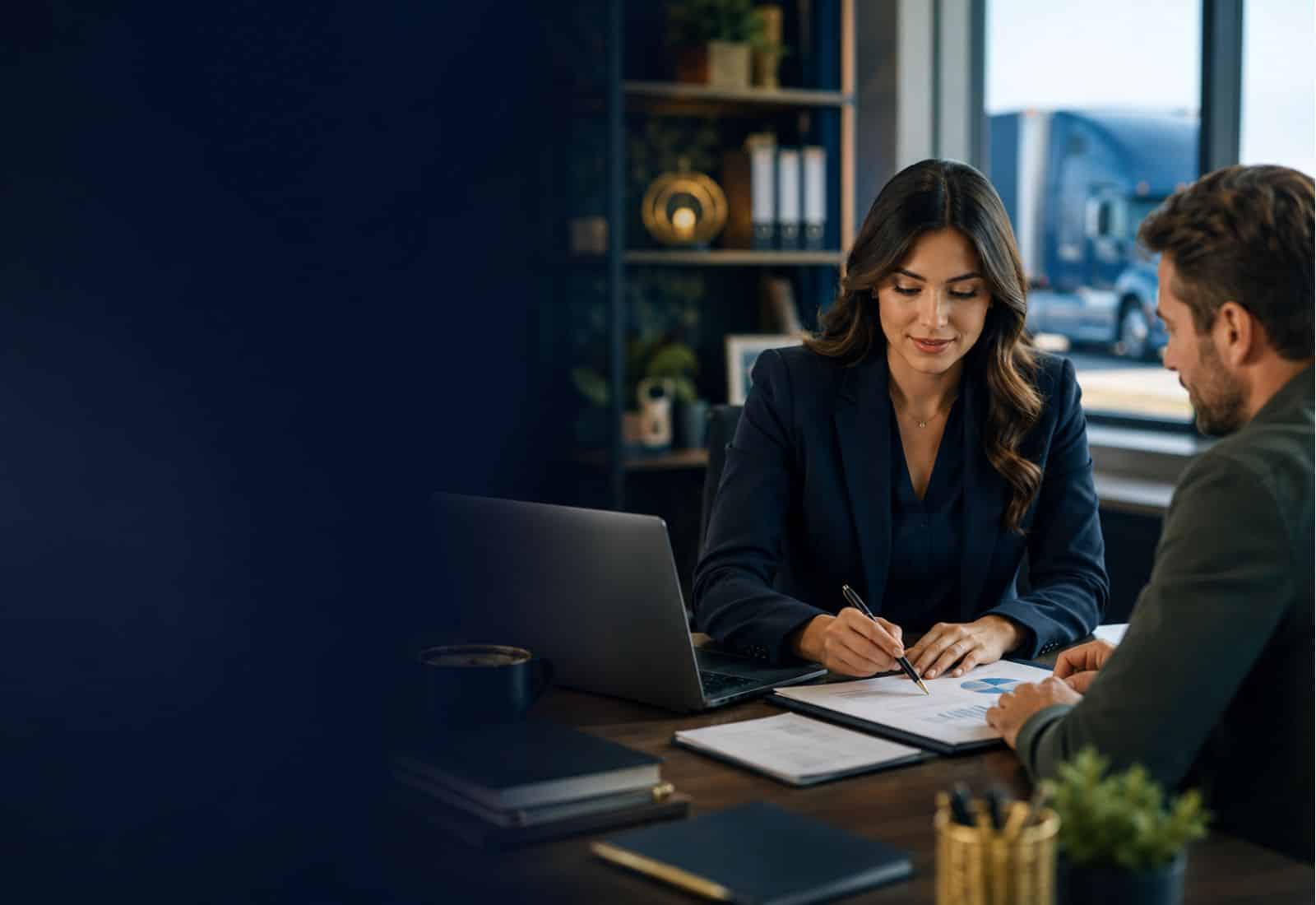 Asesora profesional revisando documentos fiscales y de negocio con un cliente en una oficina moderna.