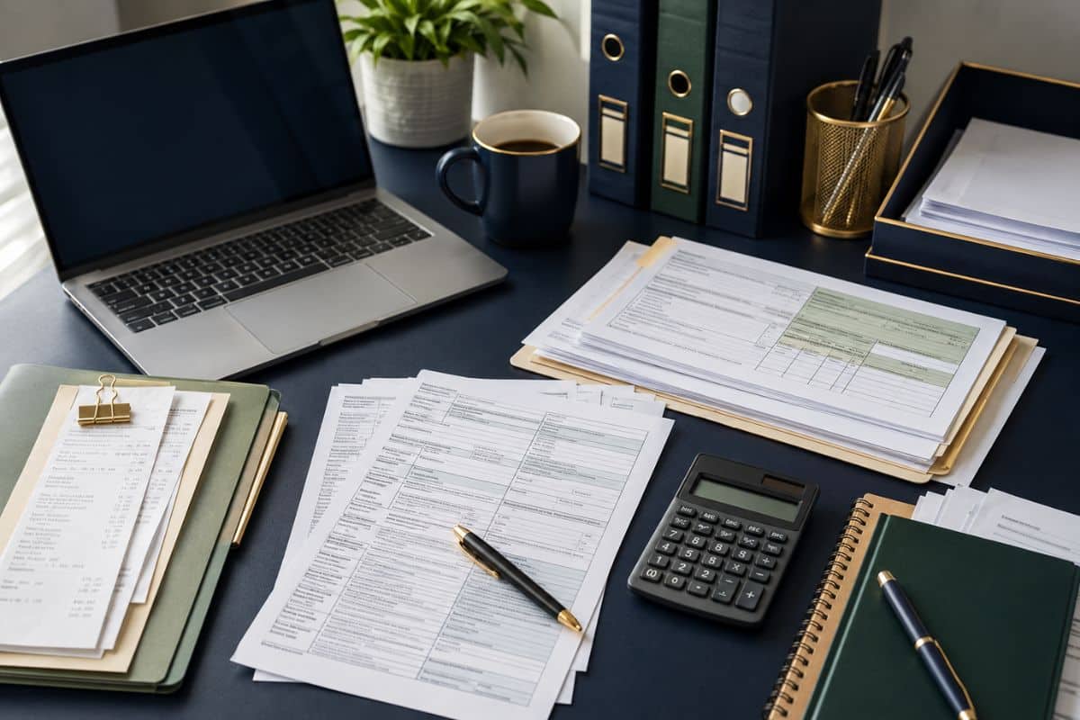 Escritorio organizado con laptop, calculadora, folders, recibos y documentos para preparar impuestos.