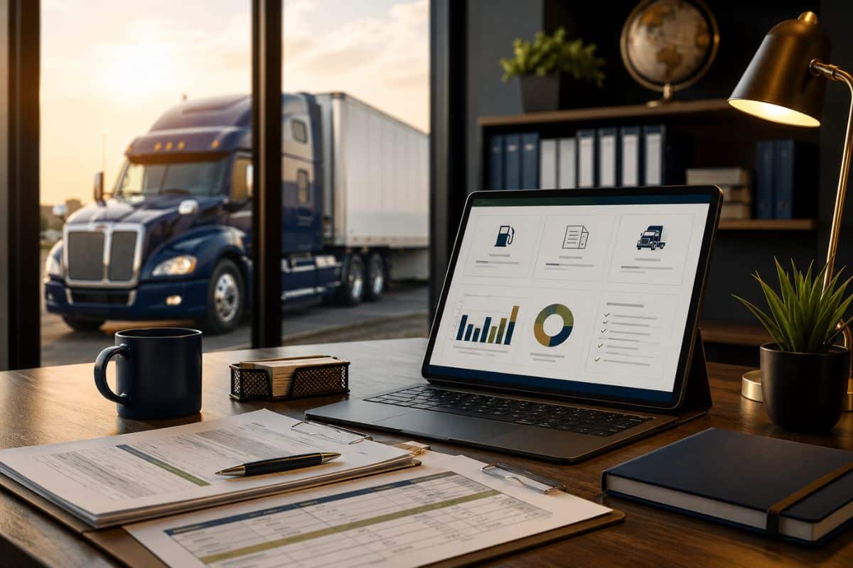 Camión semi-truck junto a una oficina con laptop y documentos de cumplimiento sobre un escritorio.