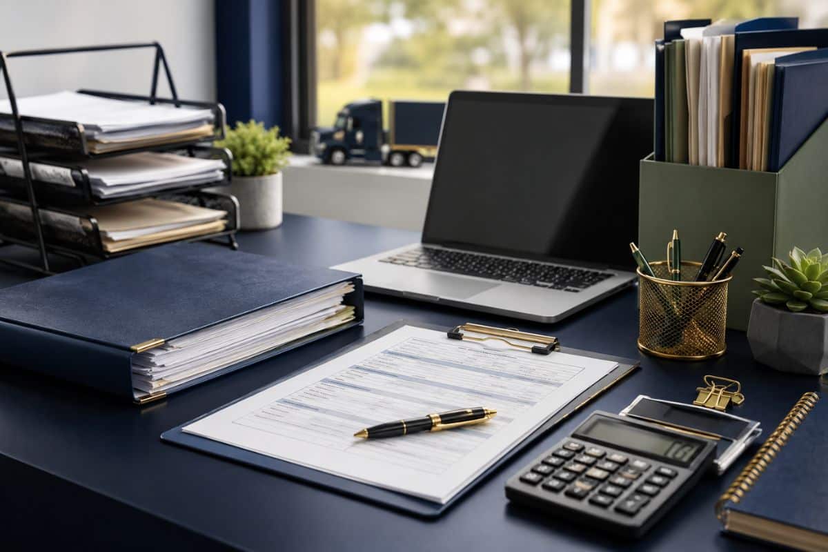 Escritorio organizado con laptop, carpetas, calculadora y documentos de registro para UCR.